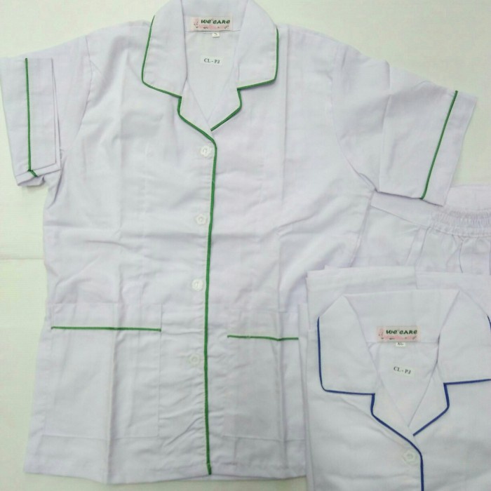 Baju Suster Baju Seragam Suster Lengan Pendek Celana Panjang Putih List - Biru, XL(N2K0) baju seraga