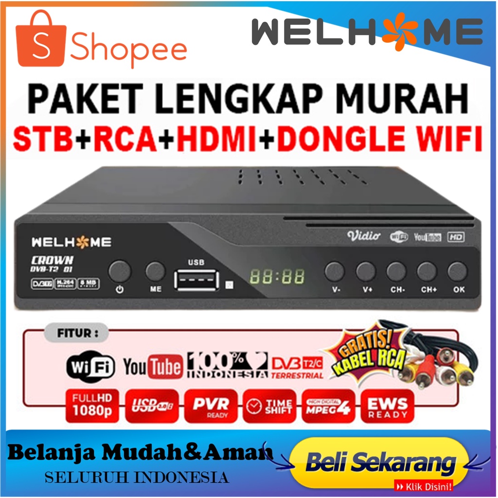 Set Topbox Tv Digital Welhome DVB T2 EWS UHF HD set topbox tv analog ke digital / set topbox tv digi