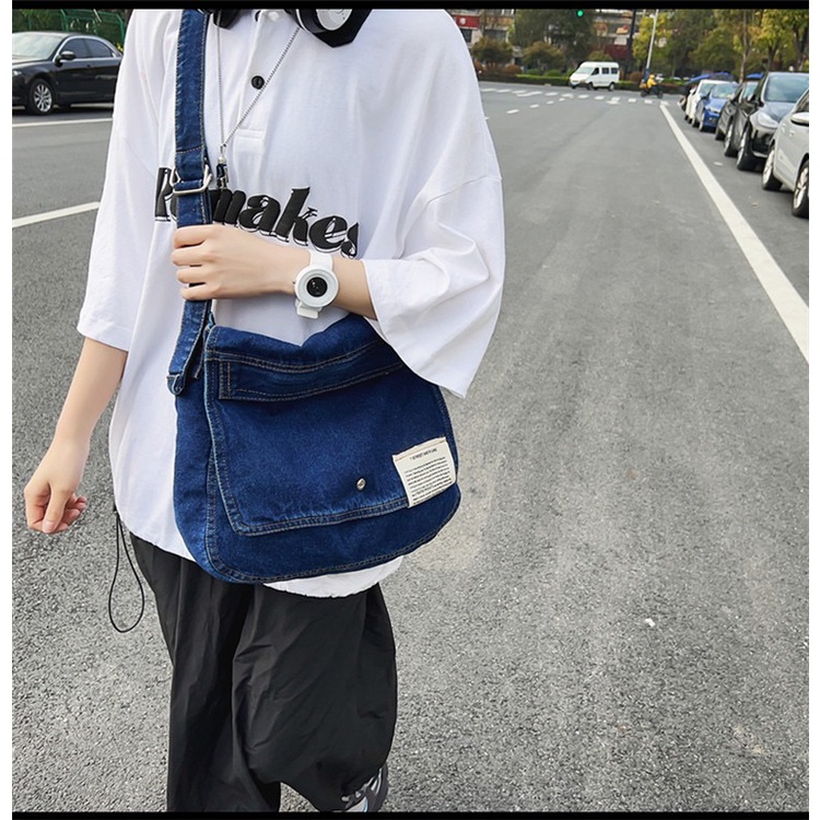 Keno Denim Korean Jeans Slingbag Kasual Plain Unisex -Tas Wanita Pria Casual Import Medium size Streetstyle