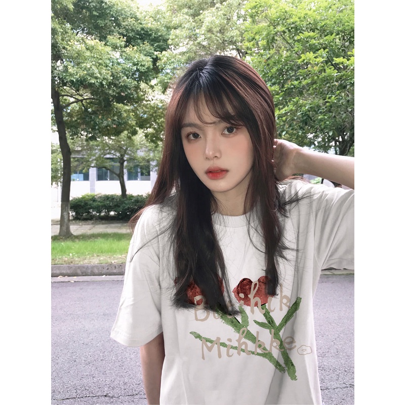 baju atasan wanita lengan pendek rose motif printed t-shirt import kaos puith oversize kaos korea