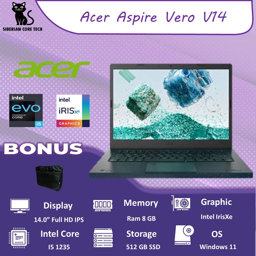 ACER ASPIRE VERO AV14 EVO I5 1235U 8GB 512SSD IRISXE W11+OHS 14.0FHD 100SRGB BLIT FP 1/3/0+ADP BLU -51.59QK