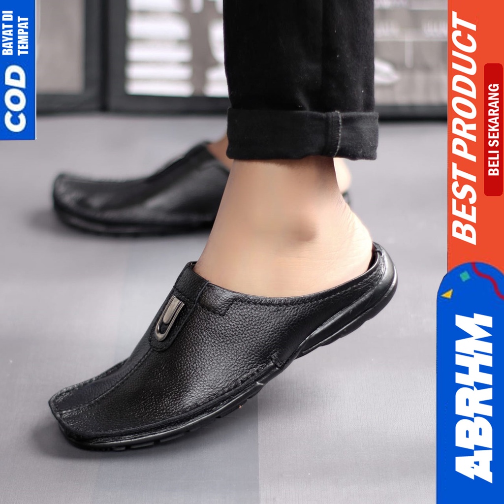 Sepatu Sandal Casual Bustong Pria Kulit Asli Tutong Hitam Abrhm Ergo