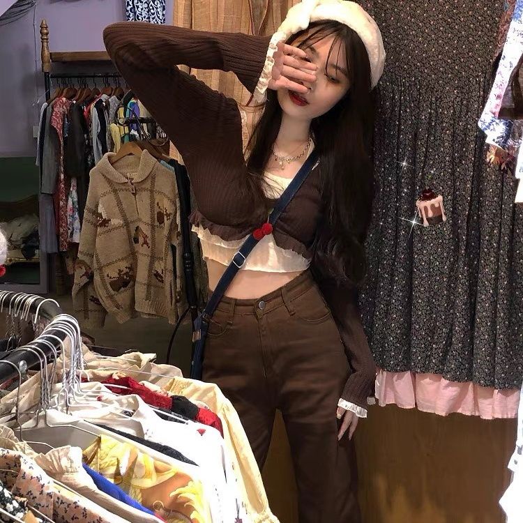 Red Musim Gugur Jepang Lembut Gadis Lucu Keinginan Murni Angin Renda Renda Rajutan Cardigan Top Jaket Siswa All-Match Dua Potong set