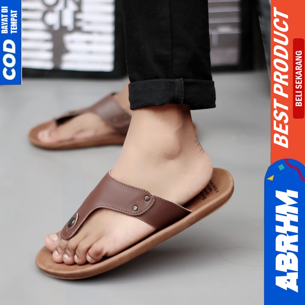 ABRHM x CLOVER Sandal Jepit Pria Sandal Pria Kulit Asli Sandal Japit Cowok / Cowo Keren Ori Kekinian