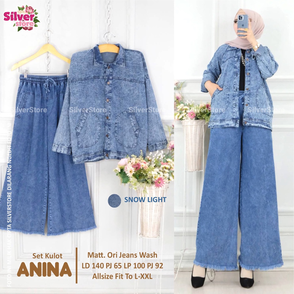 anina - setelan jeans wanita blouse tunik mix kulot jumbo bigsize bahan jean wash premium kekinian s