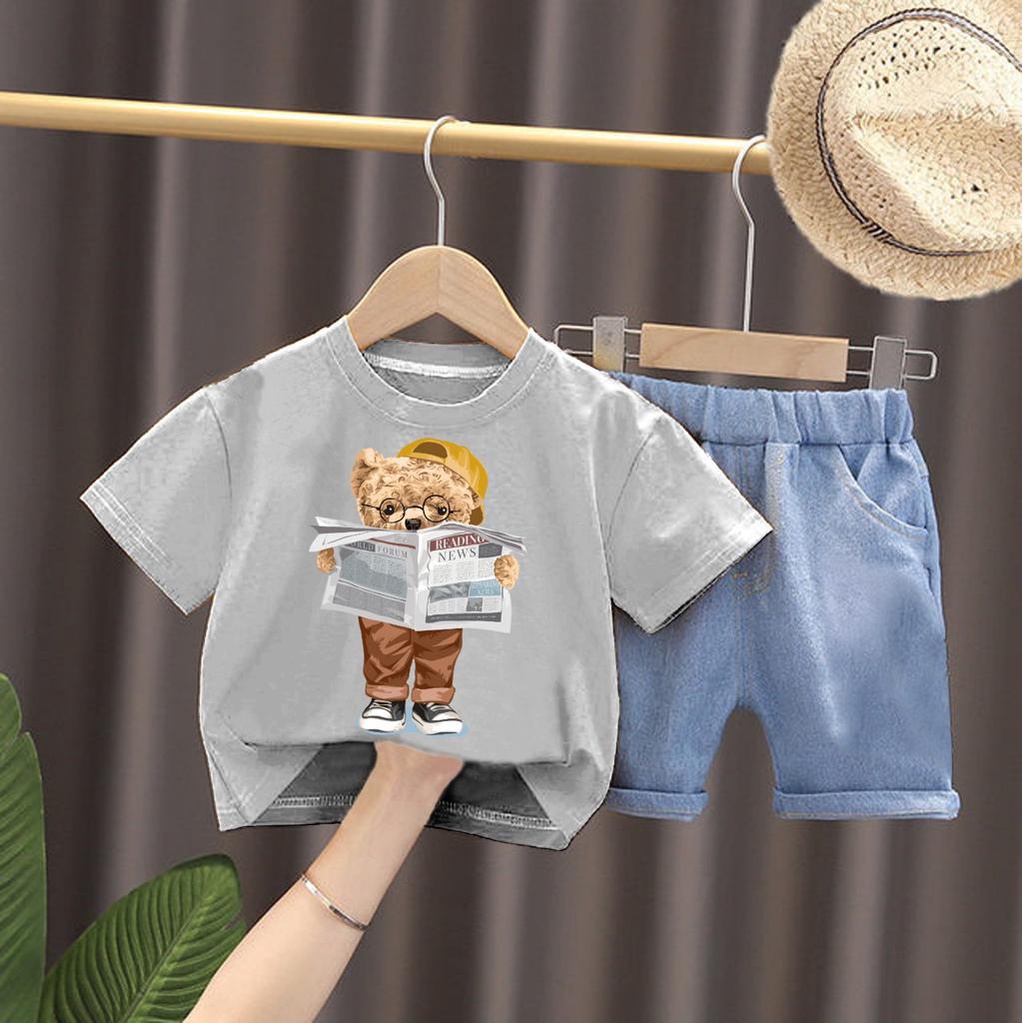 SALE 12.12 Baju Setelan Anak DTF 1-4 Tahun (NEWSPAPER BEAR) Baju Anak Berkualitas