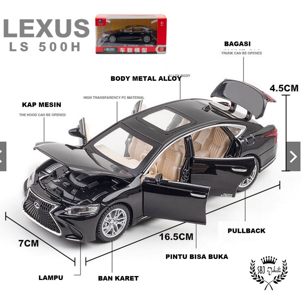 Diecast miniatur mobil LEXUS LS500H Metas Series skala 1 : 32 logo bercahaya