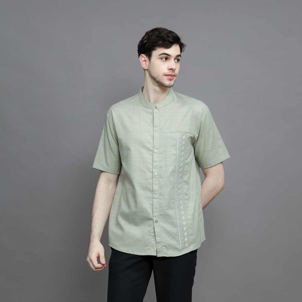 LOA STUDIOS - Baju Koko Kemeja Pria Bordir Lengan Pendek Hijau Sage - Fathan