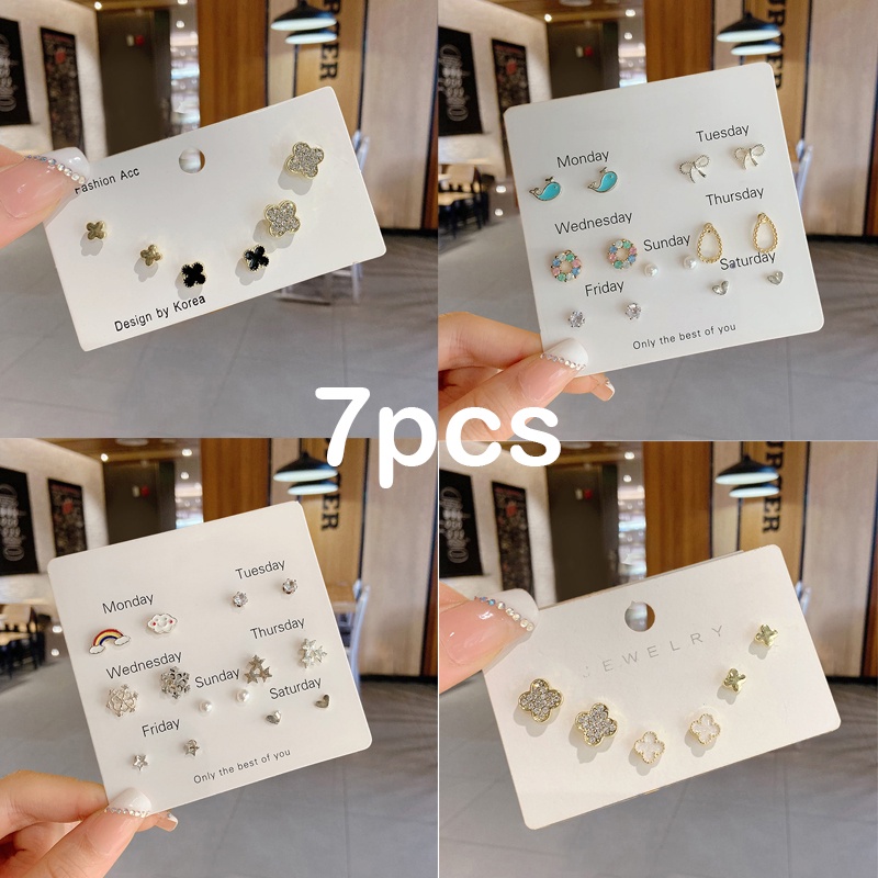 7buah set Versi Korea Dari Anting Musim Panas Klasik Anting Wanita Bunga Mutiara Sederhana