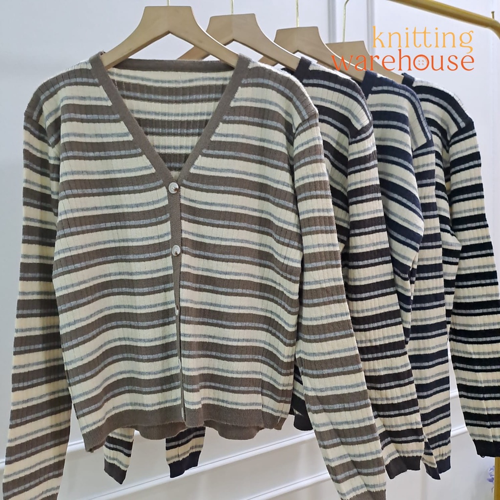 Sarah Cardi Stripes Two Tone - Cardigan Knit Korean Style - Atasan Wanita Rajut Import TM (19874-A)