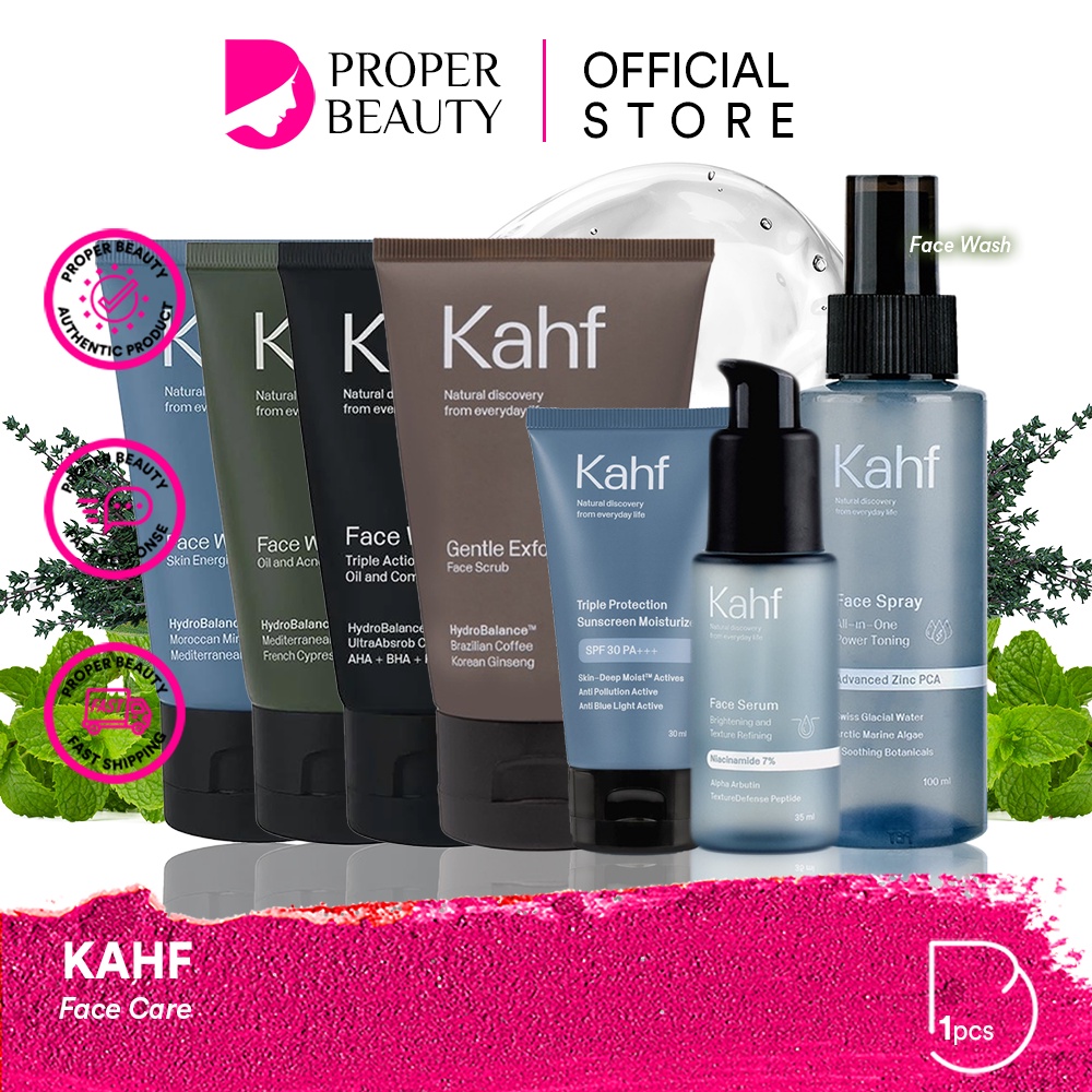 KAHF Face Care Indonesia / Facial Wash Scrub Toner Toning Essence Mist Serum / Sunscreen SPF Day Night Cream Moisturizer Mask Balm / Brightening Acne Spot Gel / Sabun Pembersih Krim Masker / Skincare Treatment Perawatan Kulit Wajah Pria Cowo Series Paket