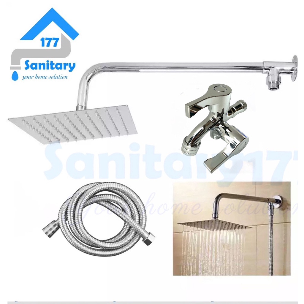 PAKET Wall shower Rainfall stainless kotak 20cm complete + Pipa 20cm &amp; bracket Tee + kran cabang hitam black  tanpa bobok instalasi luar shower tembok 8 inch