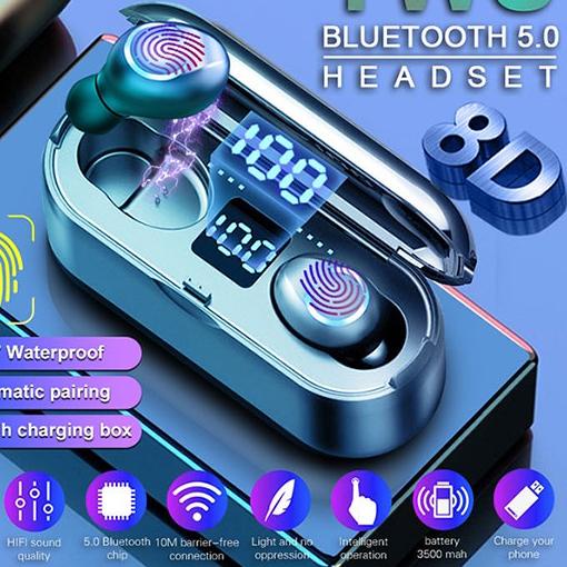 ♀ (COD) F9-8 Headset Bluetooth 2200mah Power Bank TWS with Mic 9D Bass LED Display Smart Touch Finge