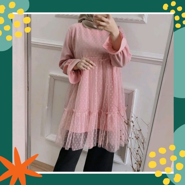 Tunik Lebaran Tunik Jumbo Wanita RPCHARLOTA Mix Tile Baju Muslim Ukuran XL XXL XXXL - Pink, M Gratis