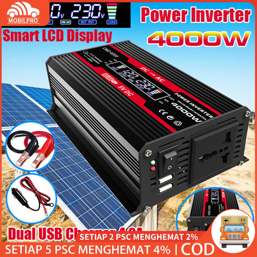 Power Inverter Pure Sine Wave PSW DC 12V/24V To AC 220V 3000W/4000W Mengubah arus DC ke AC CMZ-4000 2 USB Port LED MOBIL