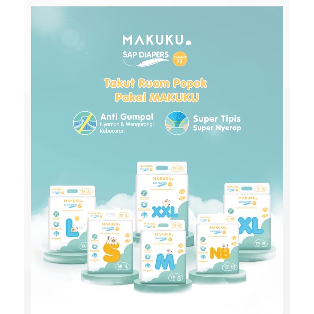 Makuku SAP Diapers Comfort Fit NB32/S30/M28/L26/XL24/XXL22