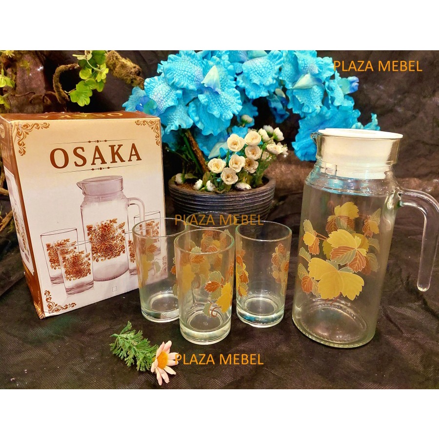 Drink Set Osaka ( 1 Pithcer Teko + 4 Tumblers Gelas Kaca Premium) READY MAKASSAR PROMO MURAH