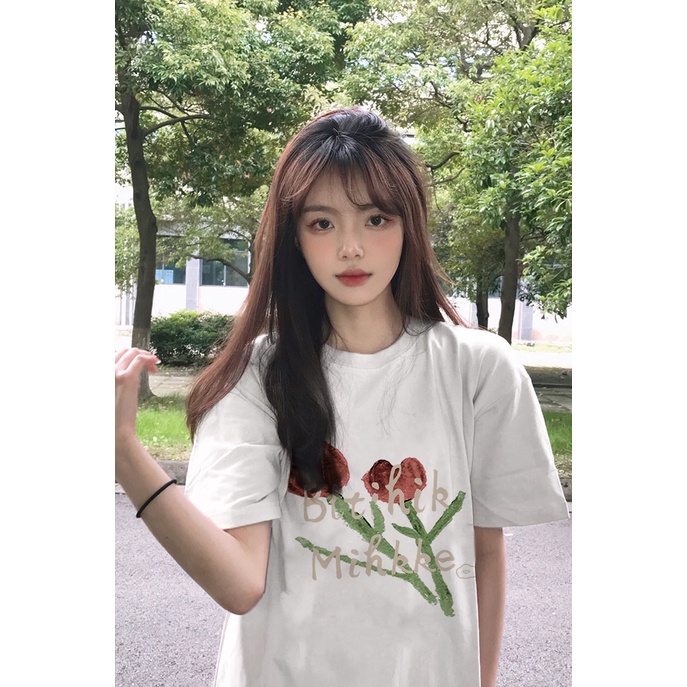 baju atasan wanita lengan pendek rose motif printed t-shirt import kaos puith oversize kaos korea