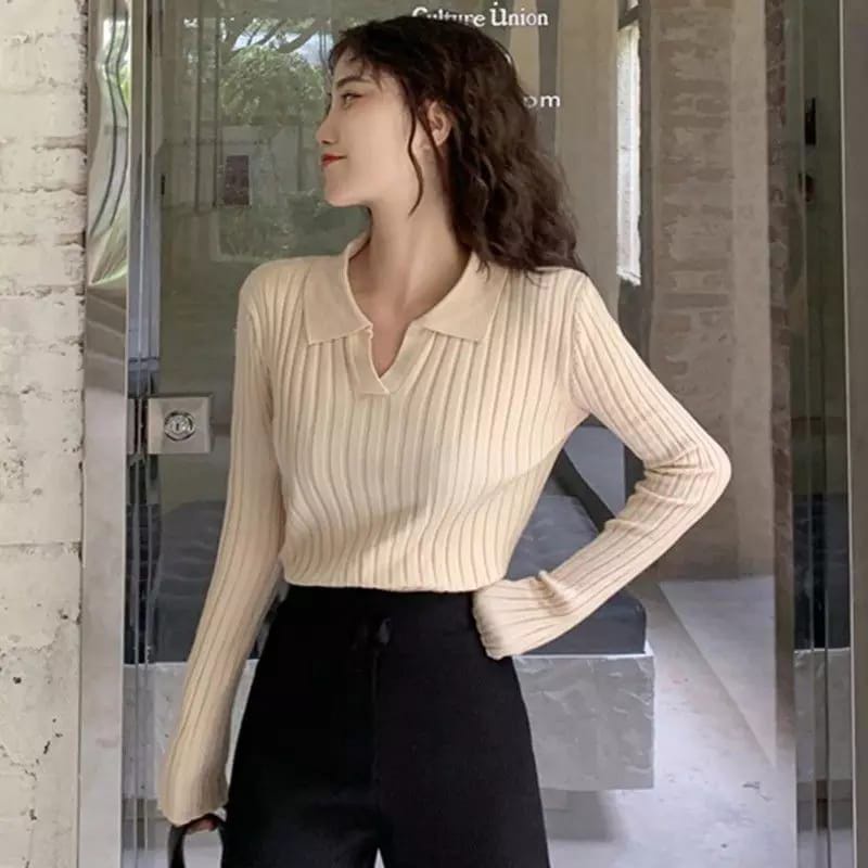 ALENA LONG SLEEVE POLO KNIT RAJUT WANITA/BAJU ATASAN RAJUT WANITA KOREA PRESS BODY