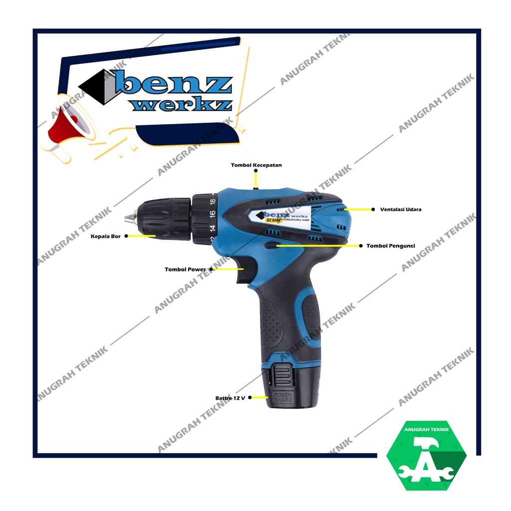 BENZ BZ 8004 Mesin Bor Cas Cordless Drill Baterai 12V 10 mm Set Original