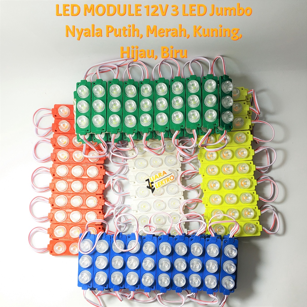 LED MODULE 12V 3 LED Jumbo Nyala Putih, Merah, Kuning, Hijau, Biru