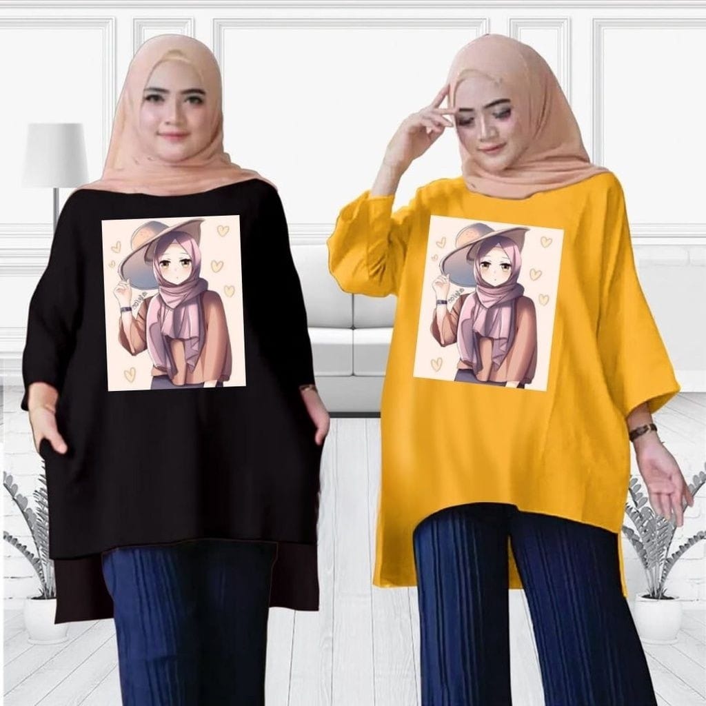 Tunik Wanita JF Kaos Oversize Wanita LD 130 Tebal Lengan 7/8 Jumbo Top Oversize Blouse MOTIF TOPI I2