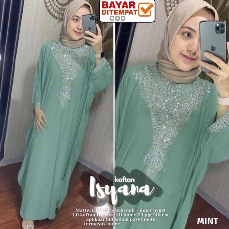 Kaftan Lebaran / Baju Lebaran / Kaftan Ceruty Isyana Jumbo Payet Mewah / Kaftan Kondangan