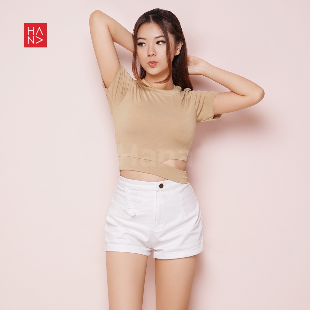 Hana Fashion - Yuna Crop Top Unfinished Korean Style / Kaos Crop Wanita - TS343