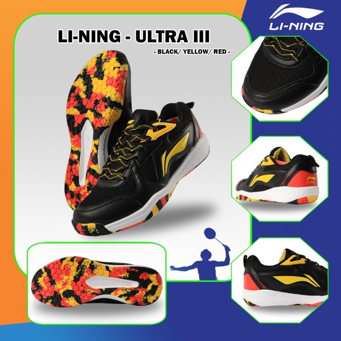 {MentariStore} LINING Ultra III / Ultra 3 Sepatu Badminton Original - BLACK/YLW/RED 41 Murah