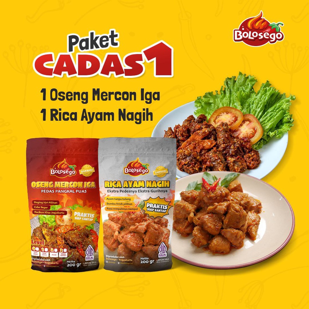 READY STOK BOLOSEGO PAKET CADAS 1 - Oseng Mercon Daging Iga Sapi + Rica Ayam Nagih - Halal dan Bergaransi