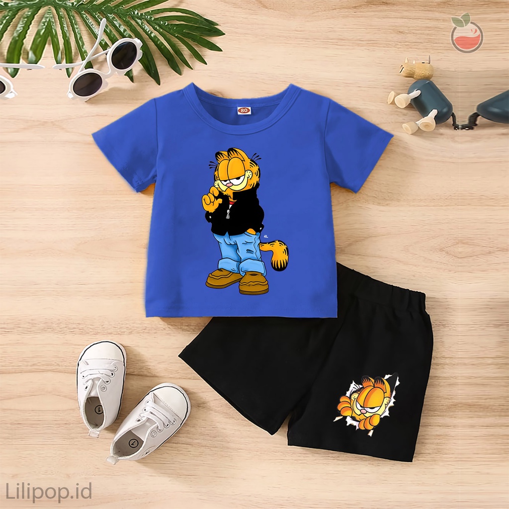 Baju Anak Stelan Kaos 3/4 GARFIELD Cowok Cewek  Usia 1 - 4 Tahun Celana Pendek Harian