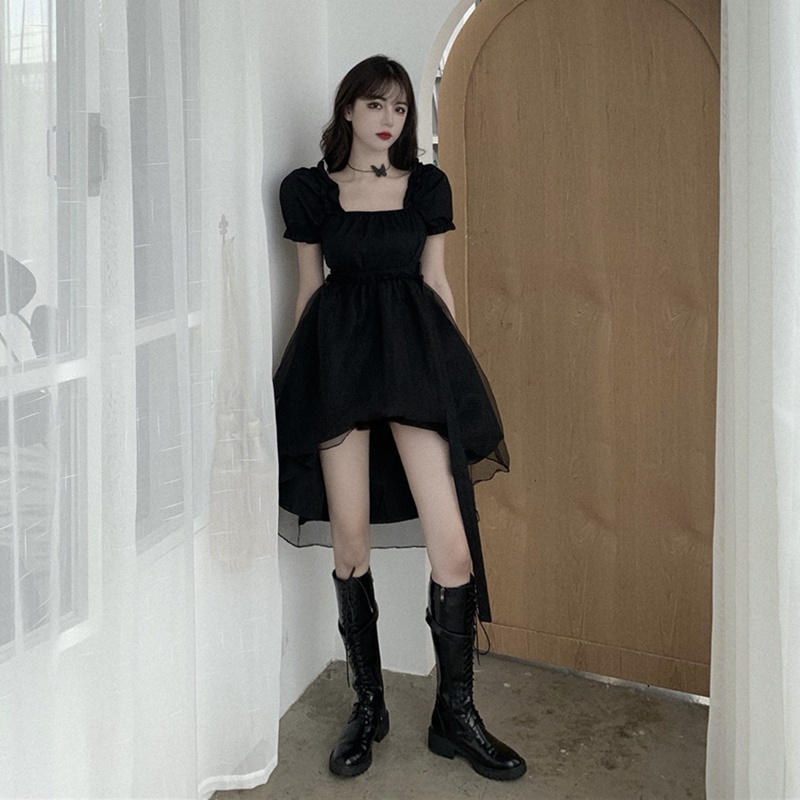 Red Temperamen Tinggi Pinggang Slim Puff Sleeve Gaun Wanita Musim Panas Kerah Persegi Tuxedo A-Line Rok Gaun Hitam Kecil