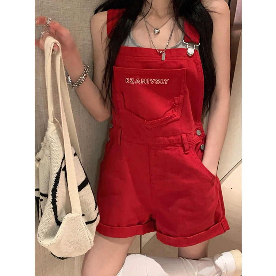 Red hot gadis pinggang tinggi denim suspender celana pendek wanita musim panas kecil longgar longgar mengurangi usia lebar kaki suspender one-piece celana