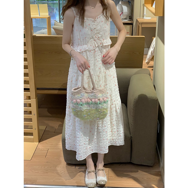 Red kumikumi French wood ear stitching floral skirt first love skirt summer loose sleeveless A-line dress female