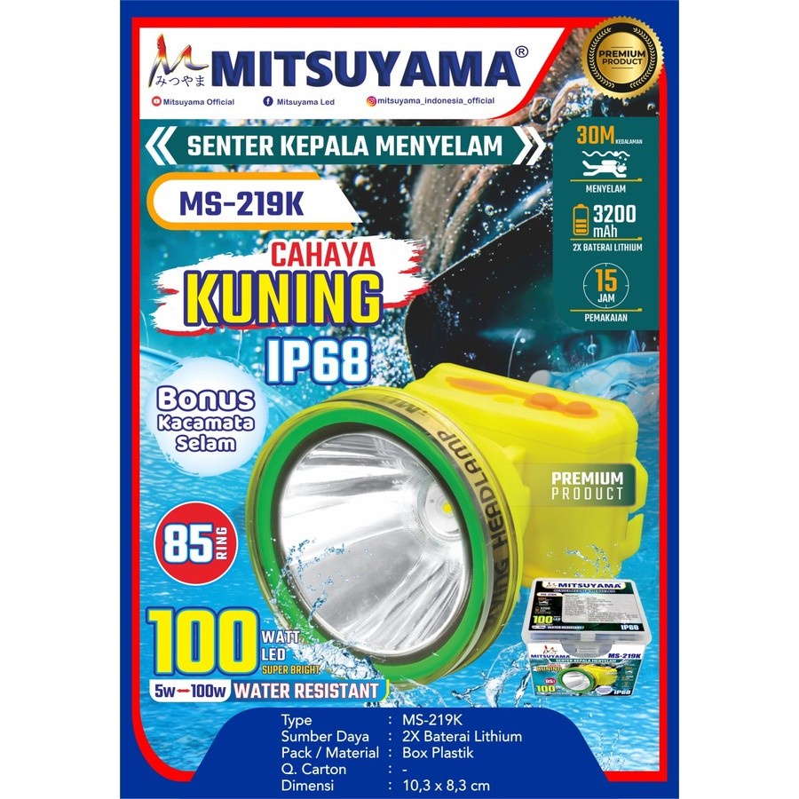 Senter Kepala Selam mitsuyama Ms219K MS 219K Cahaya Kuning