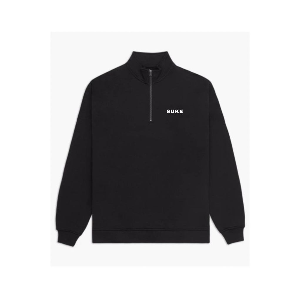 Jaket Half Zipper Basic Sweater Crewneck Suke Teks Mini White Black