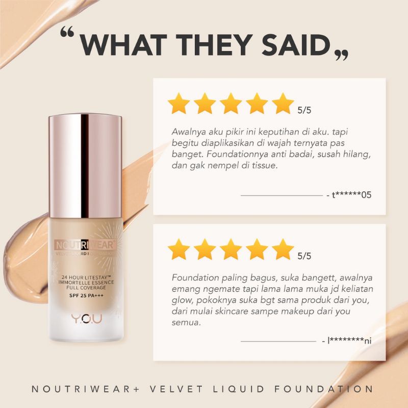 [BPOM][100% ORI&amp;READY]YOU 24H NoutriWear+ Velvet Liquid Foundation | SPF Alas Bedak | Perawatan Wajah | Tahan Lama 24 Jam Full Coverage | Kosmetik