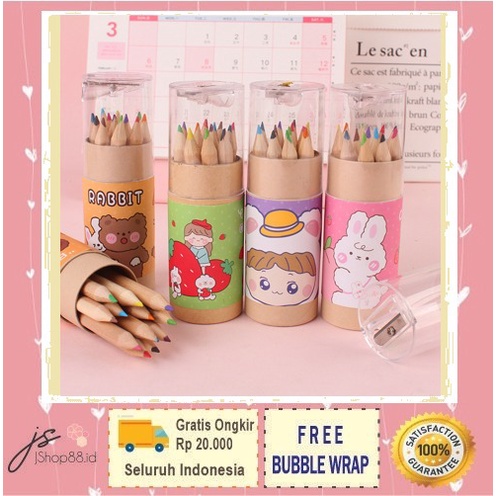 Pensil Warna 12 in 1 + Serutan Pensil Kemasan Tabung Lucu Karakter Import