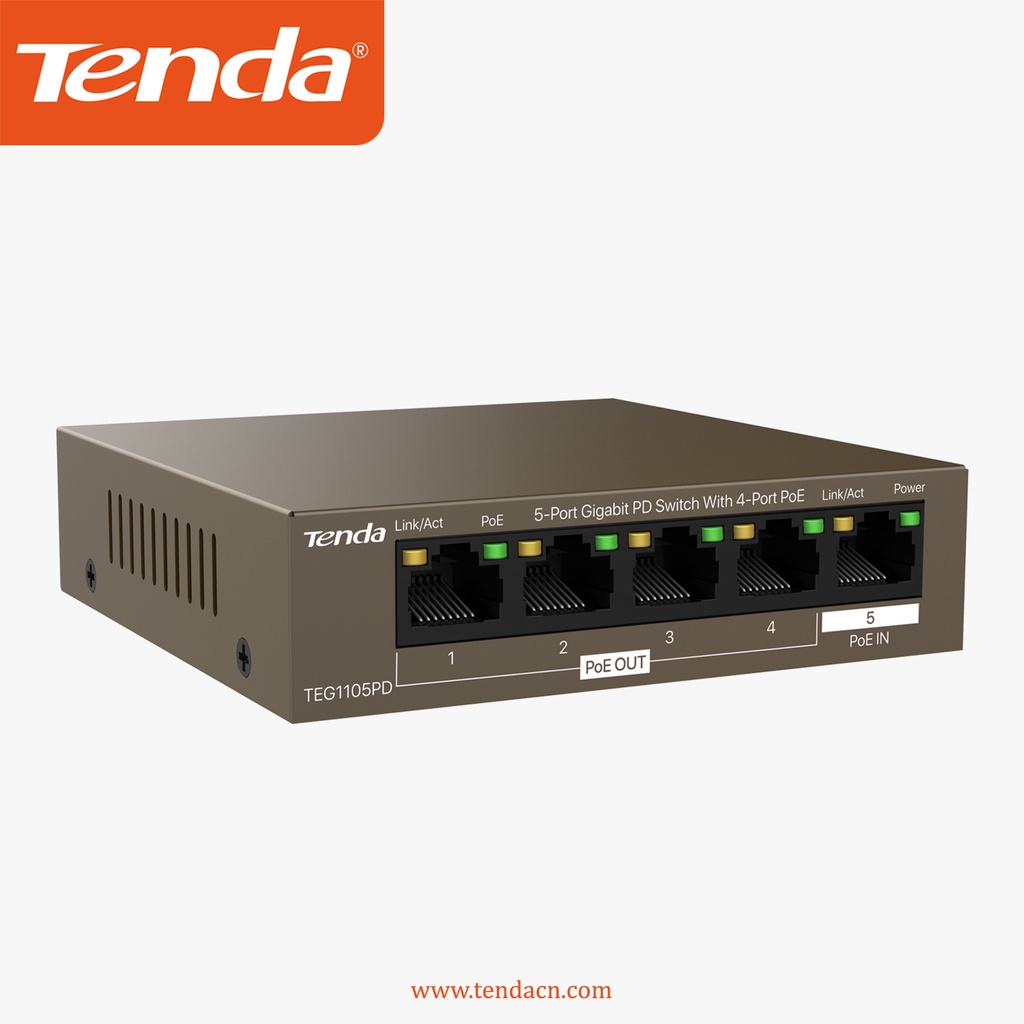 Tenda TEG1105PD Integrated PSE &amp; PD, No power adapter, 5-Port PoE