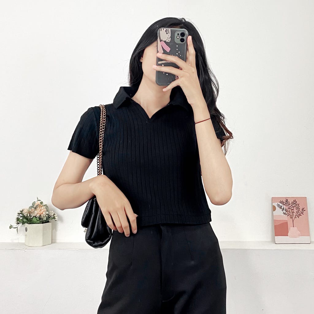 crop top rajut wanita kerah polo/polo wanita prilly crop top/atasan crop top rajut lengan pendek