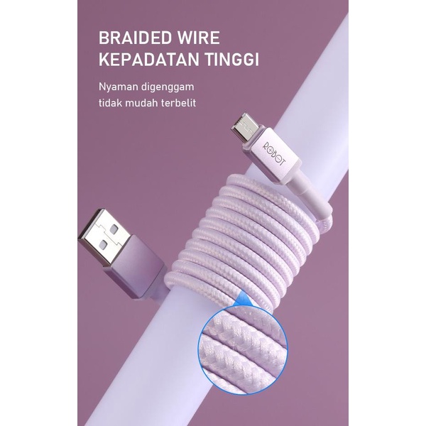 KABEL DATA MICRO USB ROBOT RSM-100 Quick Fast Charging 2.4A / 1 Meter Warna Ungu Bahan Kain Original