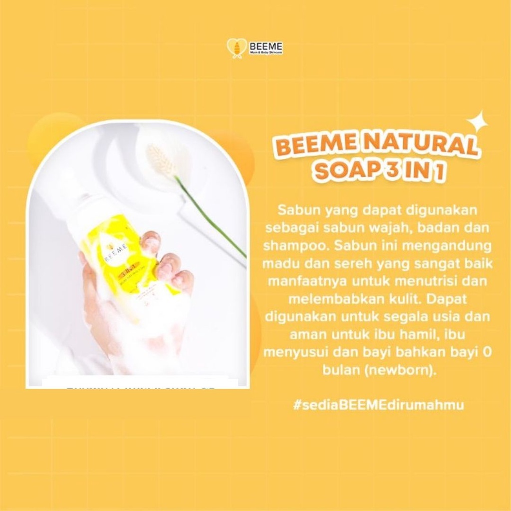 BEEME Natural Soap 3 in 1 with Honey &amp; Lemongrass / BEE ME Sabun Shampo 3IN1 Ibu Anak Bayi / Shampoo / BEEME MEMBER PLATINUM BANDUNG