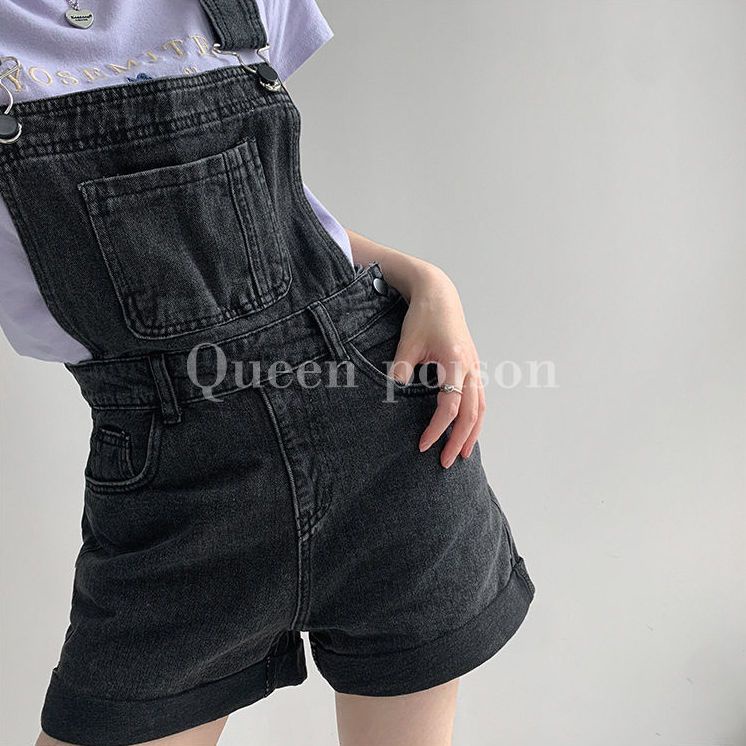 Red Kecil Fashion Pinggang Tinggi Suspender Denim Celana Pendek Musim Panas Longgar Slim Tabung Lurus Kasual Suspender Lebar Kaki Pendek Hot Pants