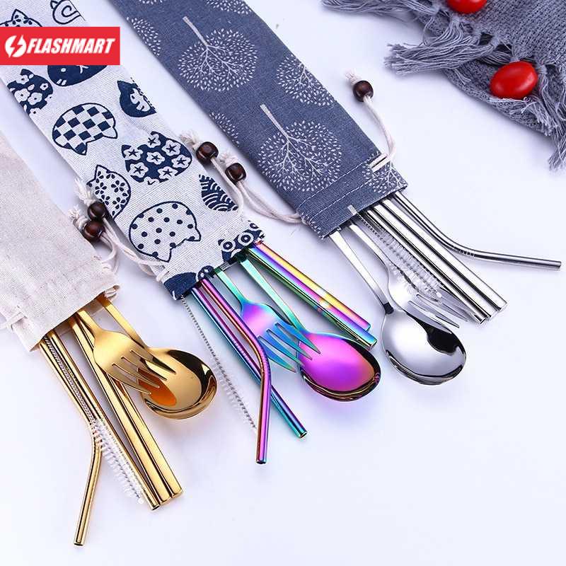 Flashmart Cutlery Set Perlengkapan Makan Sendok Garpu Beige Cloth Bag - T1