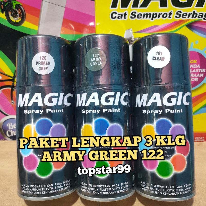 Pilok Pilox Cat Semprot Magic Paket Lengkap 3 Kaleng 300cc Paketan Hijau Tentara Army Green 122 Primer Grey Epoxy 120 Clear Pernis Glossy Mengkilap 101 Spray Paint