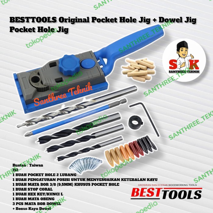 Besttools Original Pocket Hole Jig + Dowel Jig Biru + Kayu Dowel