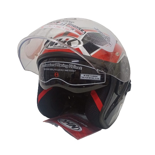 HELM NHK R1 SUBJECT BLACK RED SILVER HALF FACE NHK R1 DOUBLE VISOR