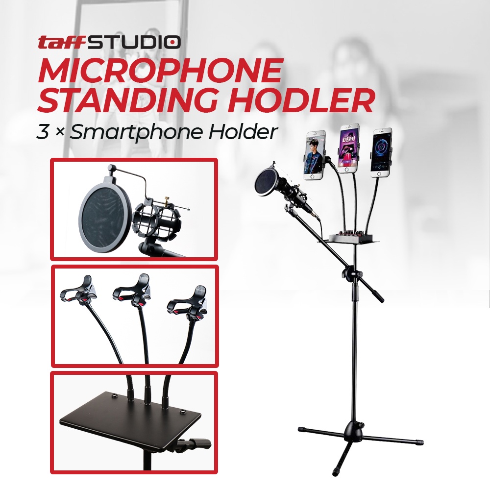 Microphone Standing Holder Tripod with 3 x Smartphone Holder - NB-04P - 7RSK08BK Black