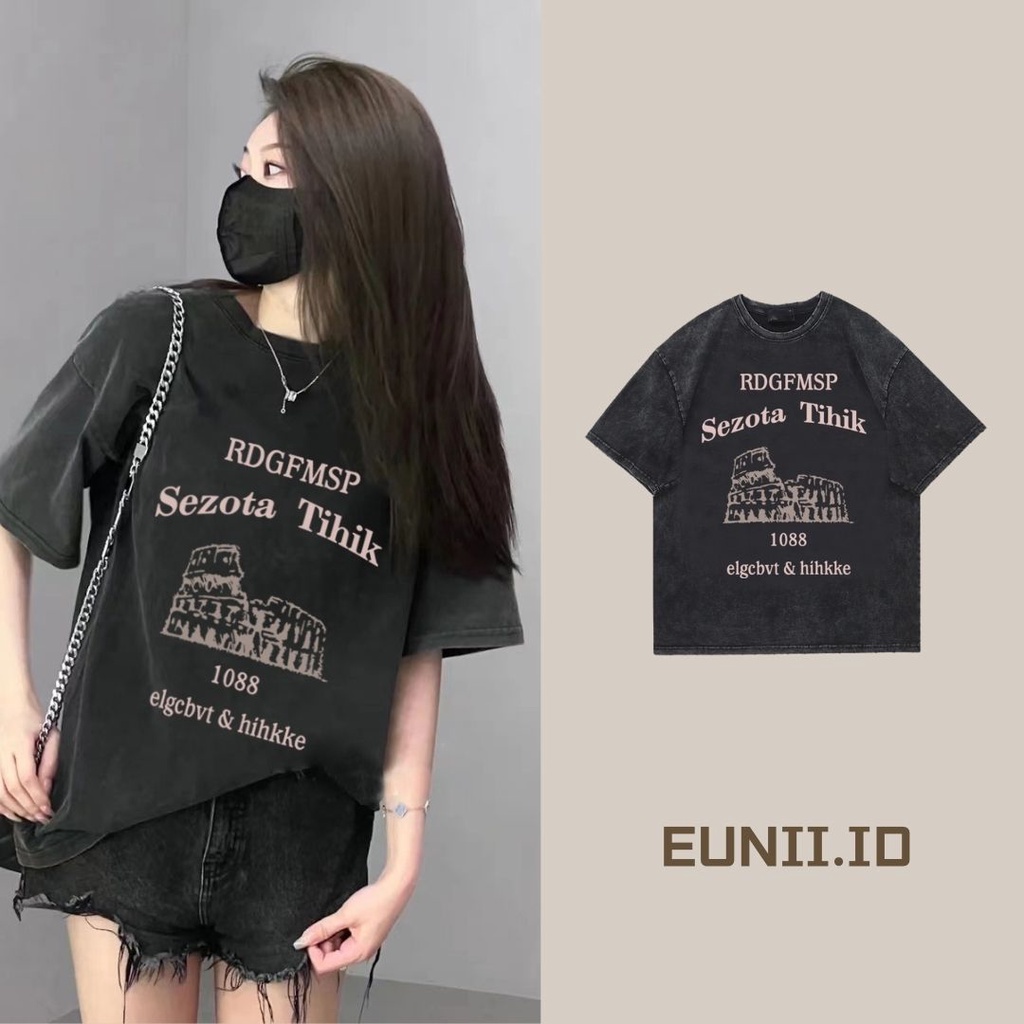 EUNII T-shirt Lengan Pendek Black Washed Retro Architecture Printing Korean Style/Kaos Atasan Wanita/Baju Wanita