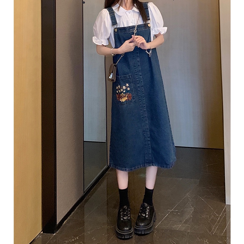 Red Kumikumi Biru Bordir Denim Pengurangan Usia Rok Suspender 2022 Musim Panas Baru Gaun Longgar Rok Panjang Wanita